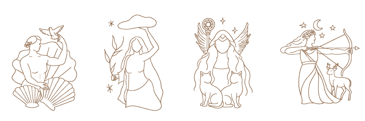 Transparent line illustrations of Aphrodite, Nuwa, Freya and Artemis, evenly arranged from left to right